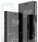 MLOTECH Case for Samsung S10 Plus, Flip Cover + Screen Protector, Clear View, Translucent Mirror, Standing Cover, Slim Fit, Anti-Scratch Mirror, 360° Protection, Black Cover